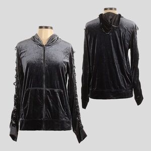 🌺 Material Girl Active Gray Velour Crisscross Sleeve Hooded Jacket Size L